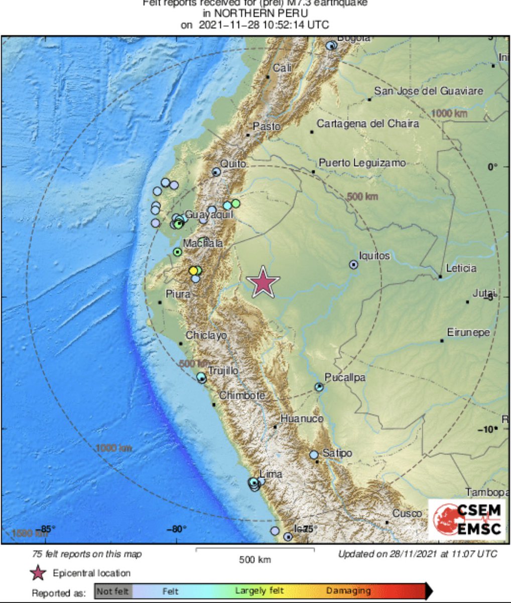 Earthquake M7.3, NORTHERN PERU, Sun 28 Nov 2021 10:52:14 UTC