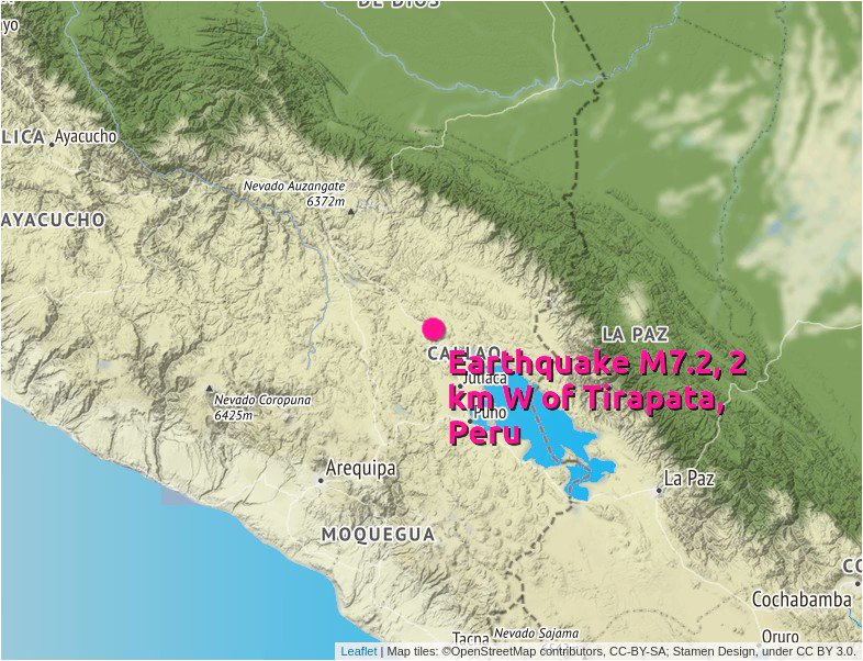 Earthquake Mag 7.2, 2 km W of Tirapata, Peru