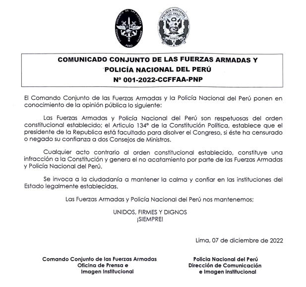 The Police and the Army of Peru distance themselves from the coup d'état that the president Pedro Castillo would have attempted, after the announcement of the dissolution of the Peruvian Congress. Congress, for its part, overwhelmingly approved a vacancy motion